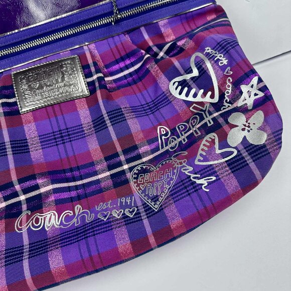 Coach Poppy Plaid Glam Tote Bag – Purple Multi Patent Leather Trim - Picture 3 of 11